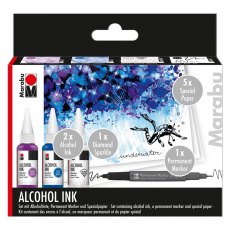 Marabu Alcohol Ink Set Under Water 3 x 20ml Colours + Papers & Permanent Marker Pen