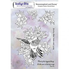 IndigoBlu Hummingbird and Peony A5 Red Rubber Stamp by Janine Gerard-Shaw