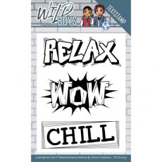 Yvonne Creations Wild Boys Text Stamp - Relax, Wow, Chill