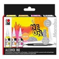 Marabu Alcohol Ink Set - Neon Orange Pink Yellow 20ml, Paper & Marker