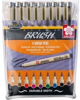 Sakura Sakura Set of 9 Pigma Marker Pens with Brush Tip