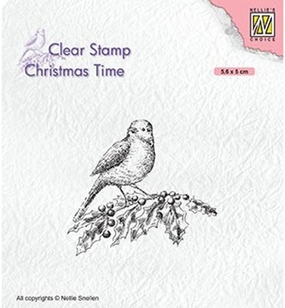 Nellie Snellen Nellie's Choice - Christmas Clear Stamp - Bird on Hollybranch CT032