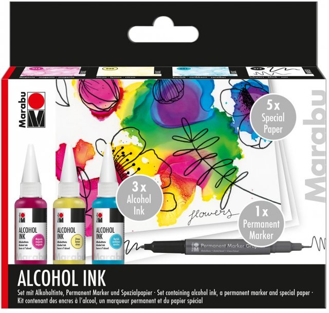 Marabu Marabu Alcohol Ink Set Flowers 3 x 20ml Colours + Papers & Permanent Marker Pen