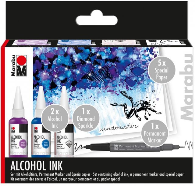 Marabu Marabu Alcohol Ink Set Under Water 3 x 20ml Colours + Papers & Permanent Marker Pen