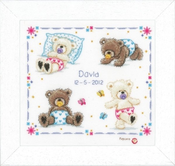 Vervaco Vervaco First Steps Popcorn the Bear Birth Sampler Counted Cross Stitch Kit