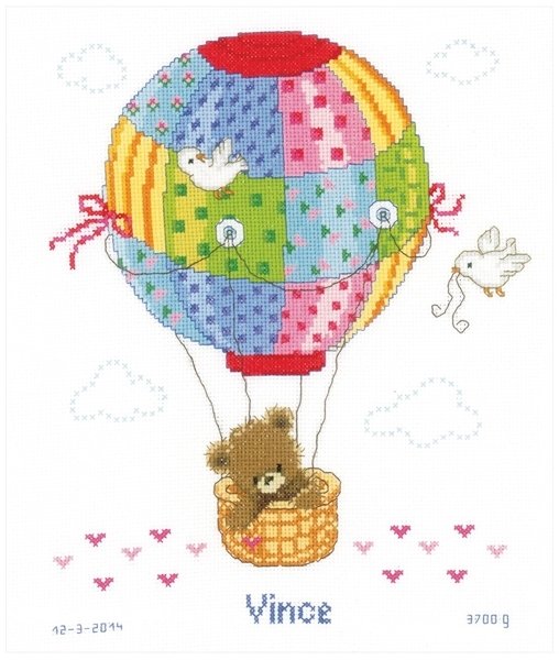 Vervaco Vervaco Flying in a Hot Air Balloon Birth Sampler Counted Cross Stitch Kit