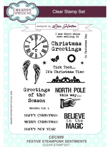 Creative Expressions Lisa Horton Festive Steampunk Sentiments A5 Clear Stamp Set